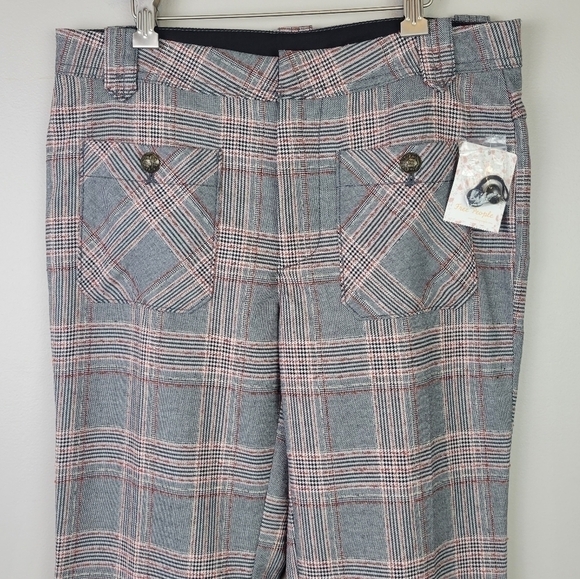 FREE People Plaid Boot Cut Pants Trousers Mid Rise Tartan Gray Red 4 NEW - Picture 3 of 14